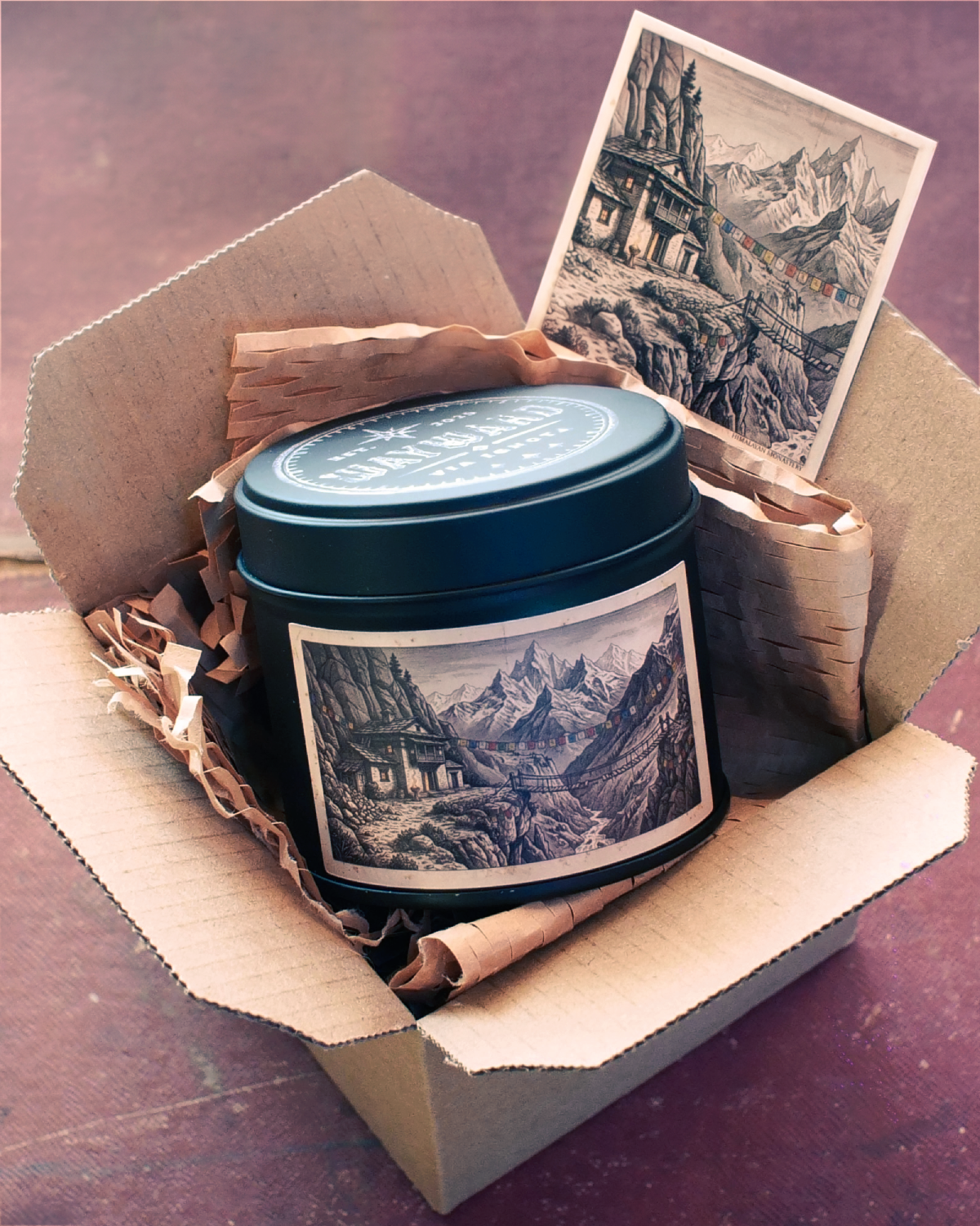 A dark teal metal tin candle with a scenic mountain illustration label, nestled inside an open cardboard gift box with shredded paper and a matching art print card.