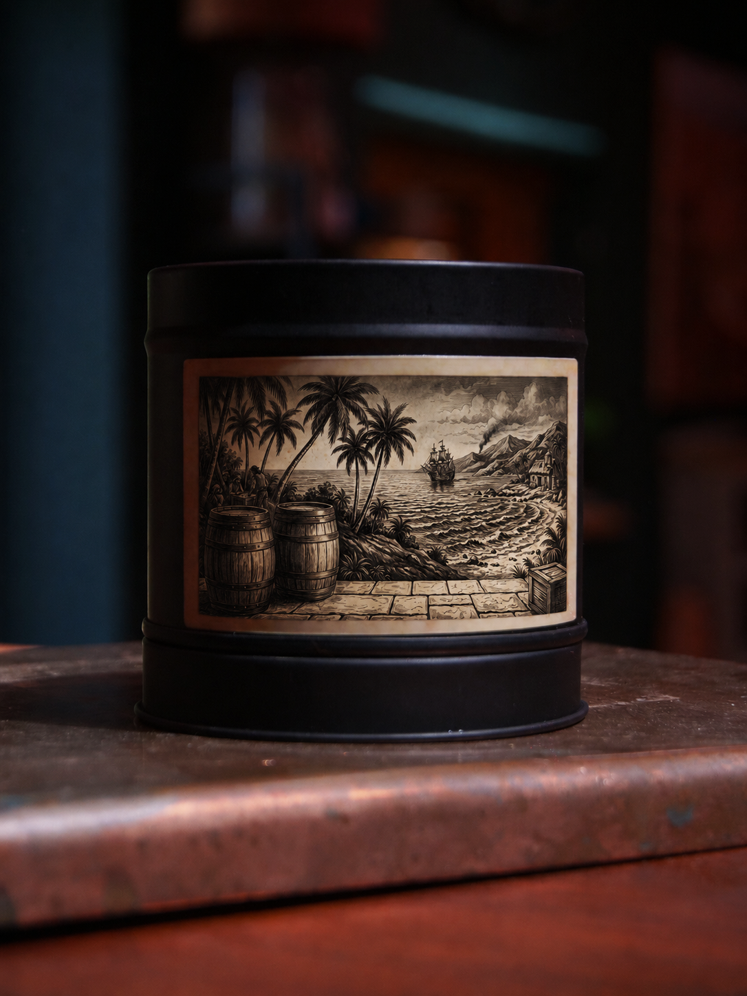 Caribbean Rum Shack candle tin by Filthy Candles featuring a vintage rum barrels and palm tree coastal scene