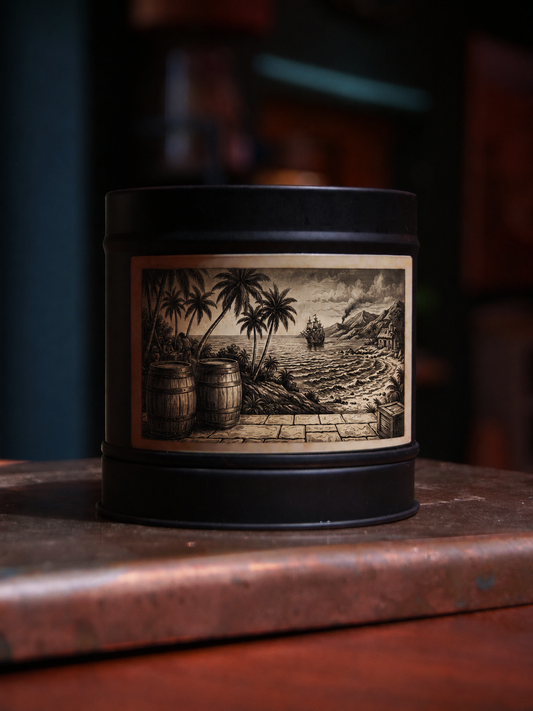 Caribbean Rum Shack candle tin by Filthy Candles featuring a vintage rum barrels and palm tree coastal scene