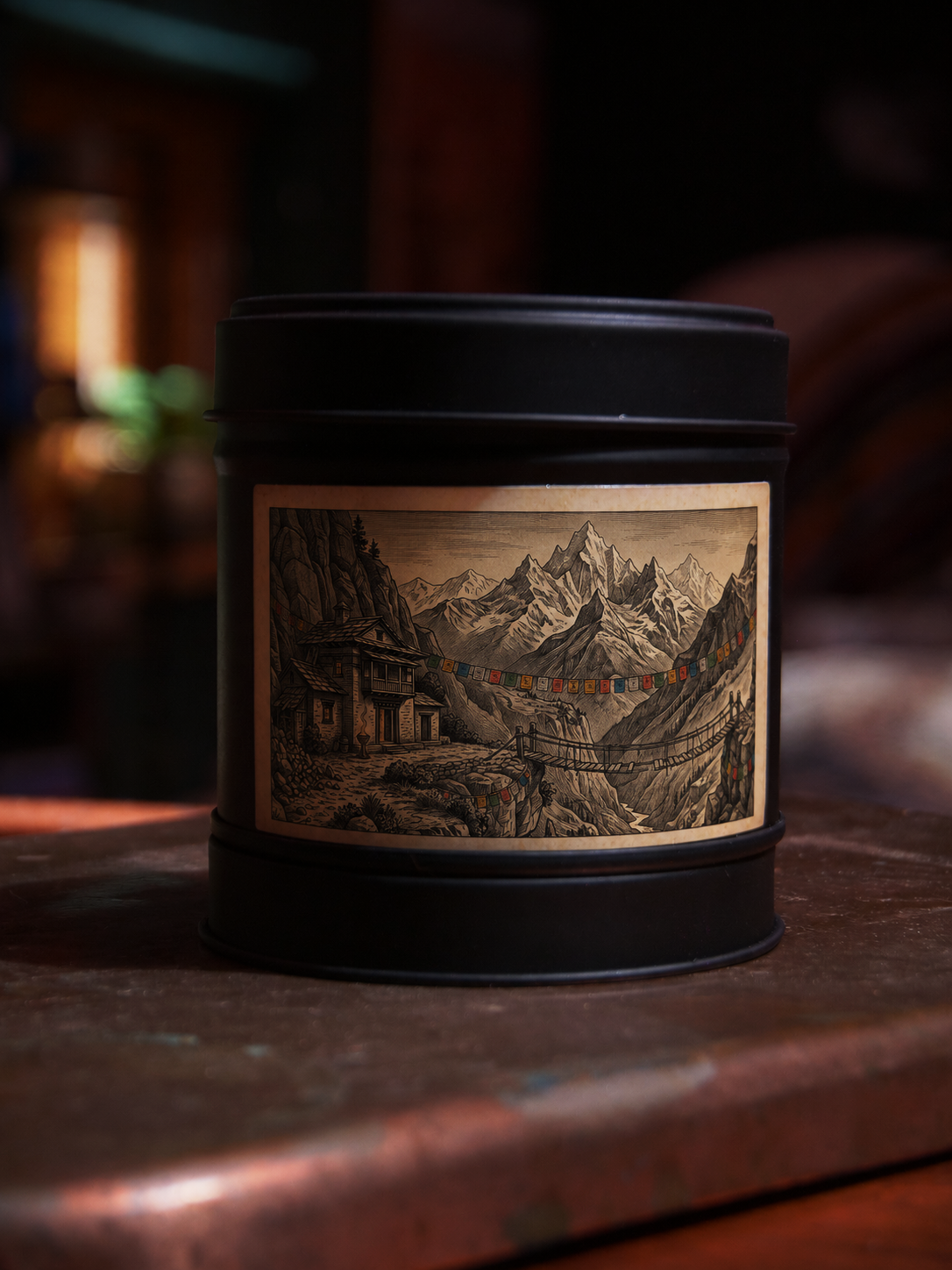 Himalayan Monastery candle tin by Filthy Candles featuring a vintage Himalayan mountain and rope bridge scene