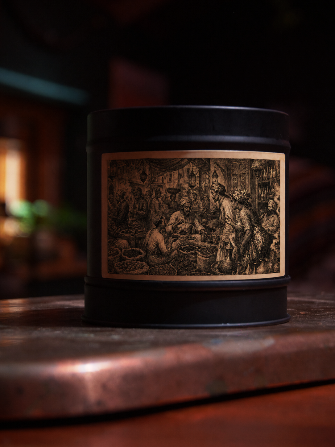 Zanzibar Spice Bazaar candle tin by Filthy Candles featuring an engraved spice bazaar scene