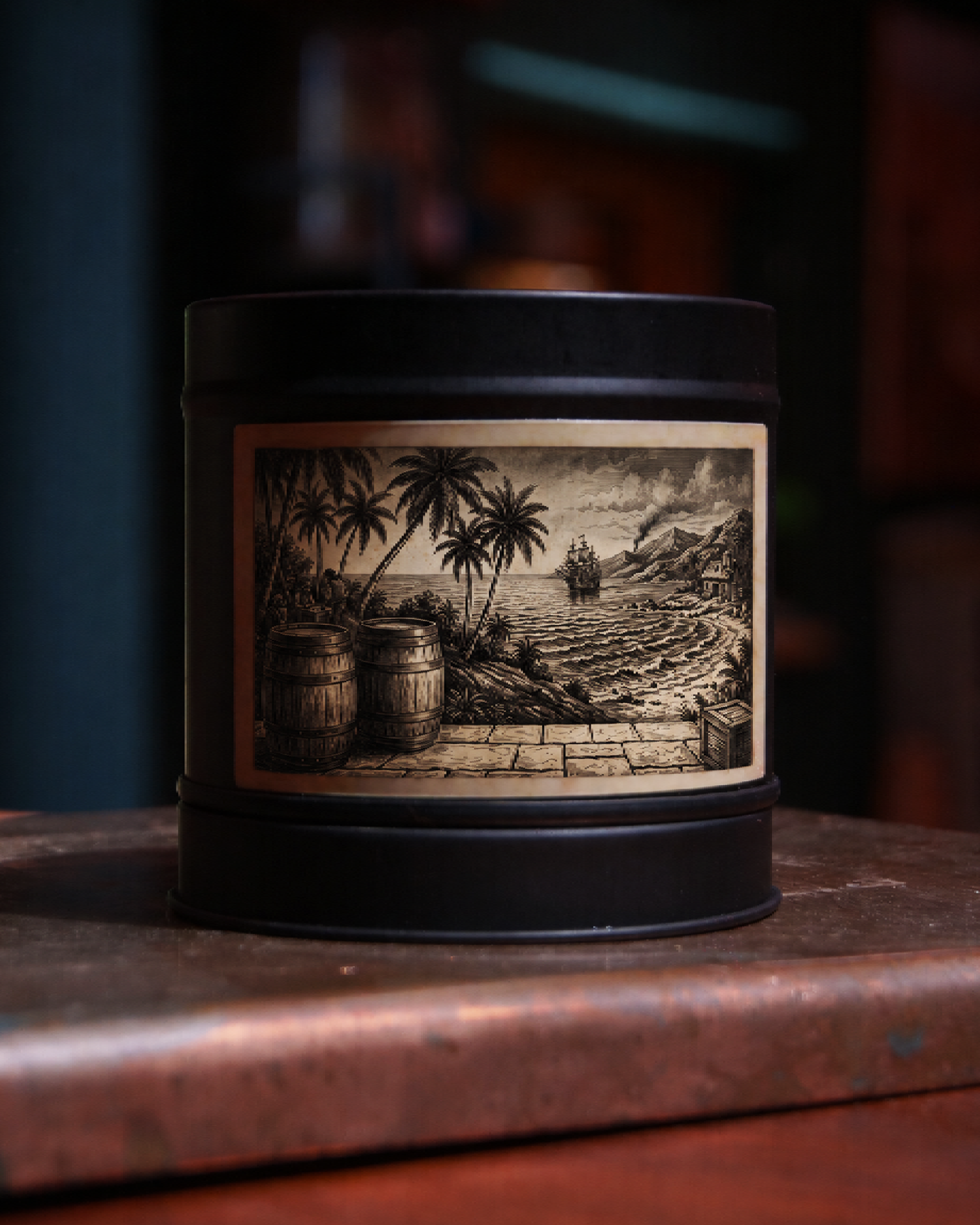 Caribbean Rum Shack candle in a matte black tin, lid on, with an etched label of rum barrels beneath palms, a stone quay and a tall ship on the horizon — Wayward