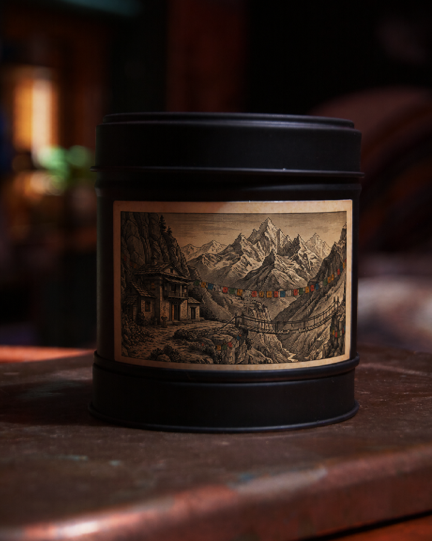 Himalayan Teahouse candle in a matte black tin, lid on, with an etched label of a mountain lodge, prayer flags and a rope bridge over a gorge — Wayward