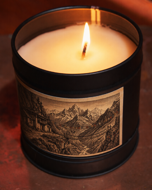 Himalayan Teahouse candle burning, warm flame above an etched label of snow-capped peaks and strung prayer flags — Wayward