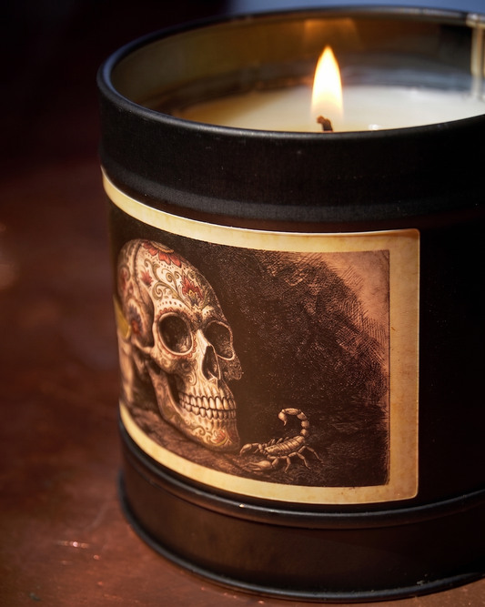 Mexican Tequila Bar scented candle burning in a matte black tin with vintage engraving label — Wayward