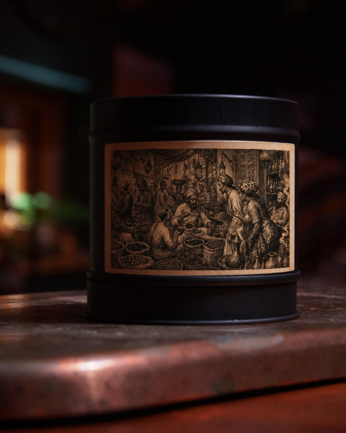 Zanzibar Spice Bazaar candle in a matte black tin, lid on, with an etched label of a crowded spice market — traders, hanging lanterns and open sacks of spice — Wayward